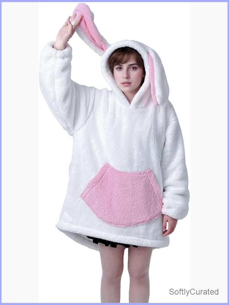 Thick Oversized Sherpa Fleece Bunny Blanket Hoodie With Pocket